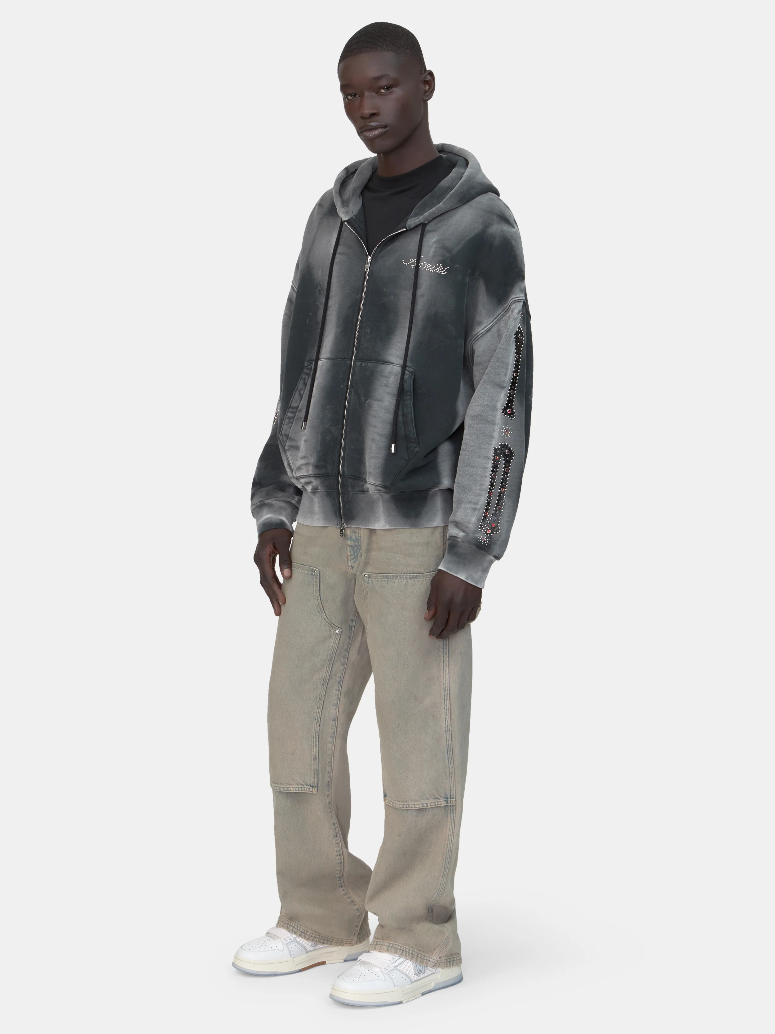 BONES STUDDED OVERSIZED ZIP HOODIE - Black - Image 3