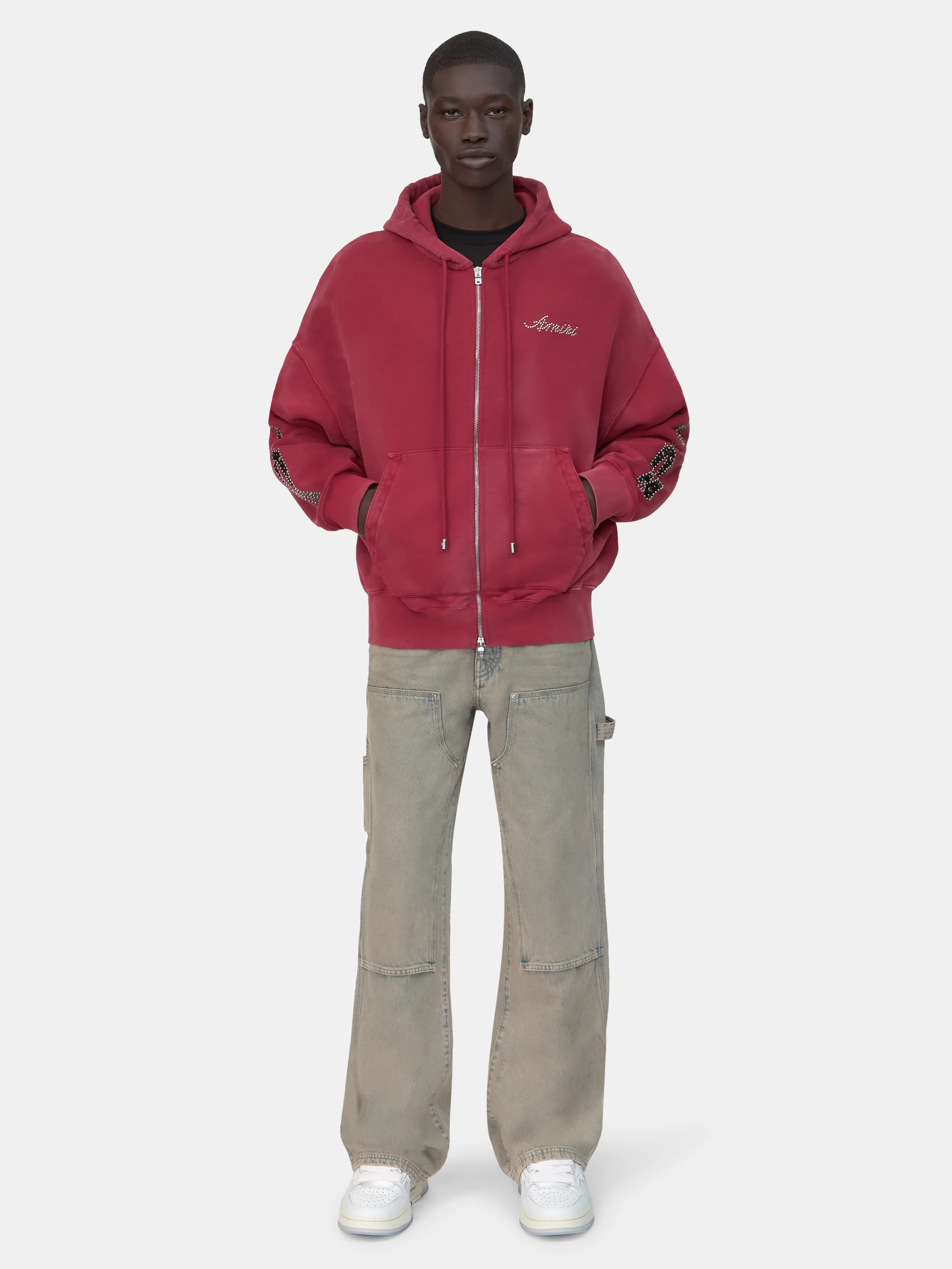 BONES STUDDED OVERSIZED ZIP HOODIE - Red Rose - Image 2