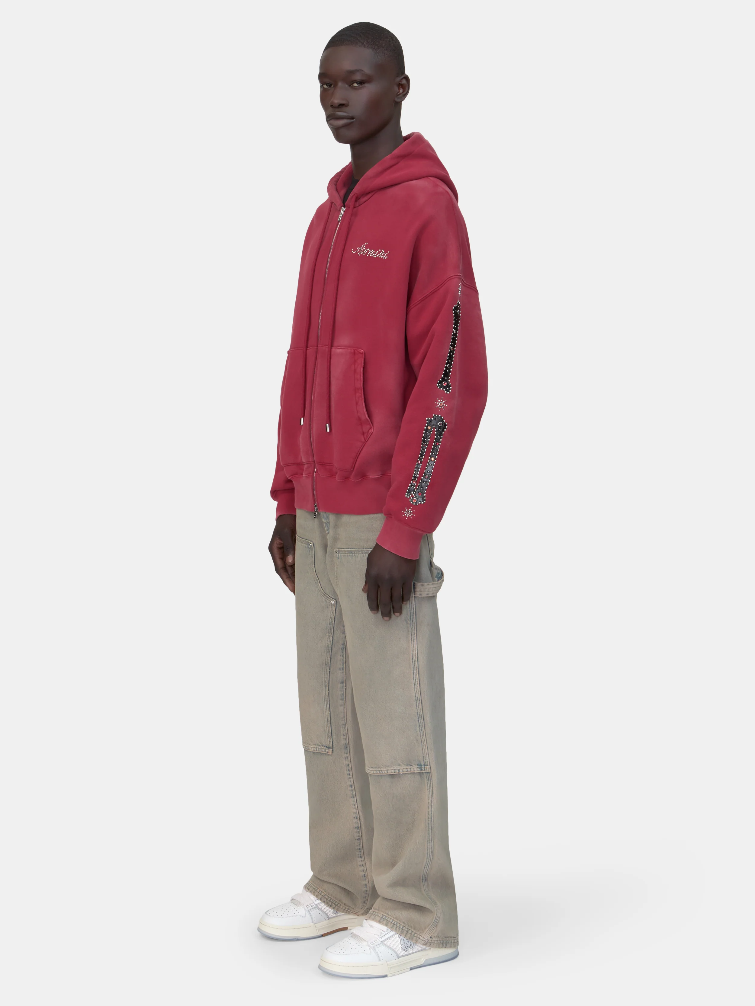BONES STUDDED OVERSIZED ZIP HOODIE - Red Rose - Image 3