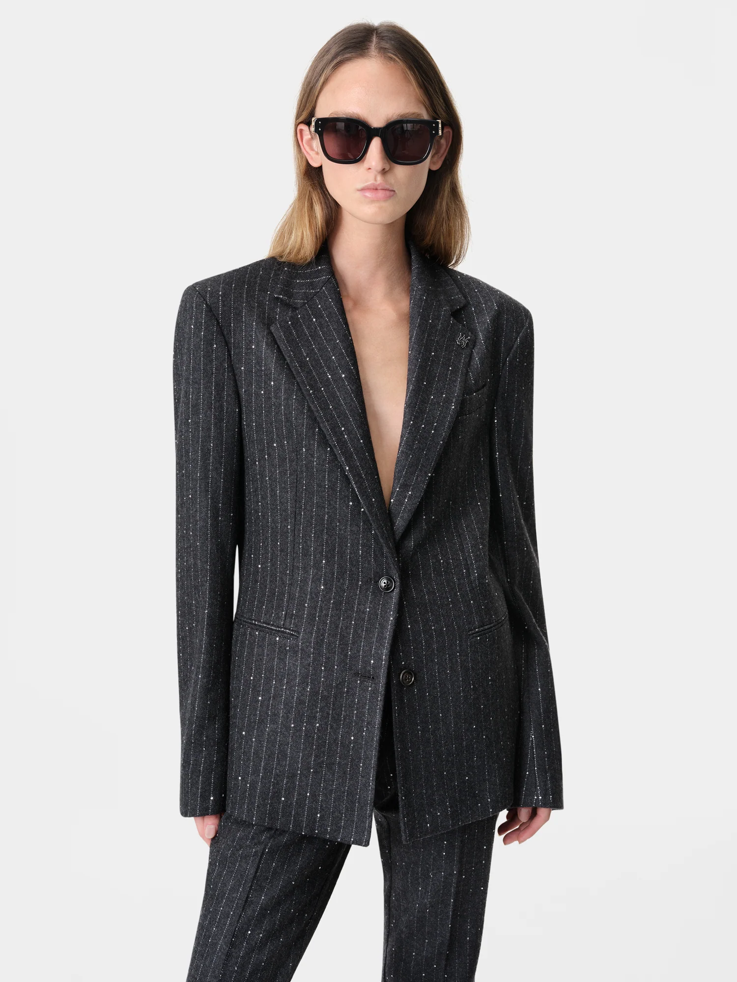 WOMEN - WOMEN'S SEQUIN PINSTRIPE BLAZER - Dark Grey - Image 3