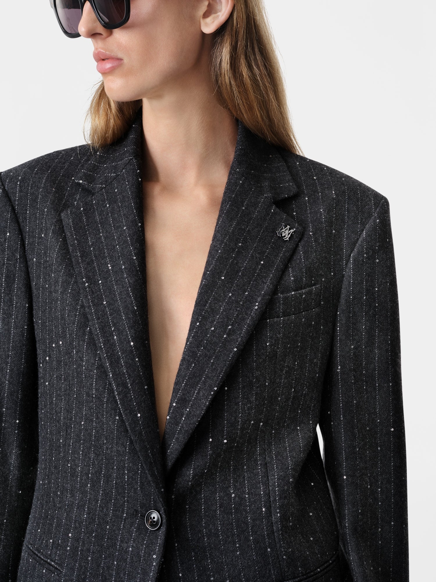 WOMEN - WOMEN'S SEQUIN PINSTRIPE BLAZER - Dark Grey - Image 5